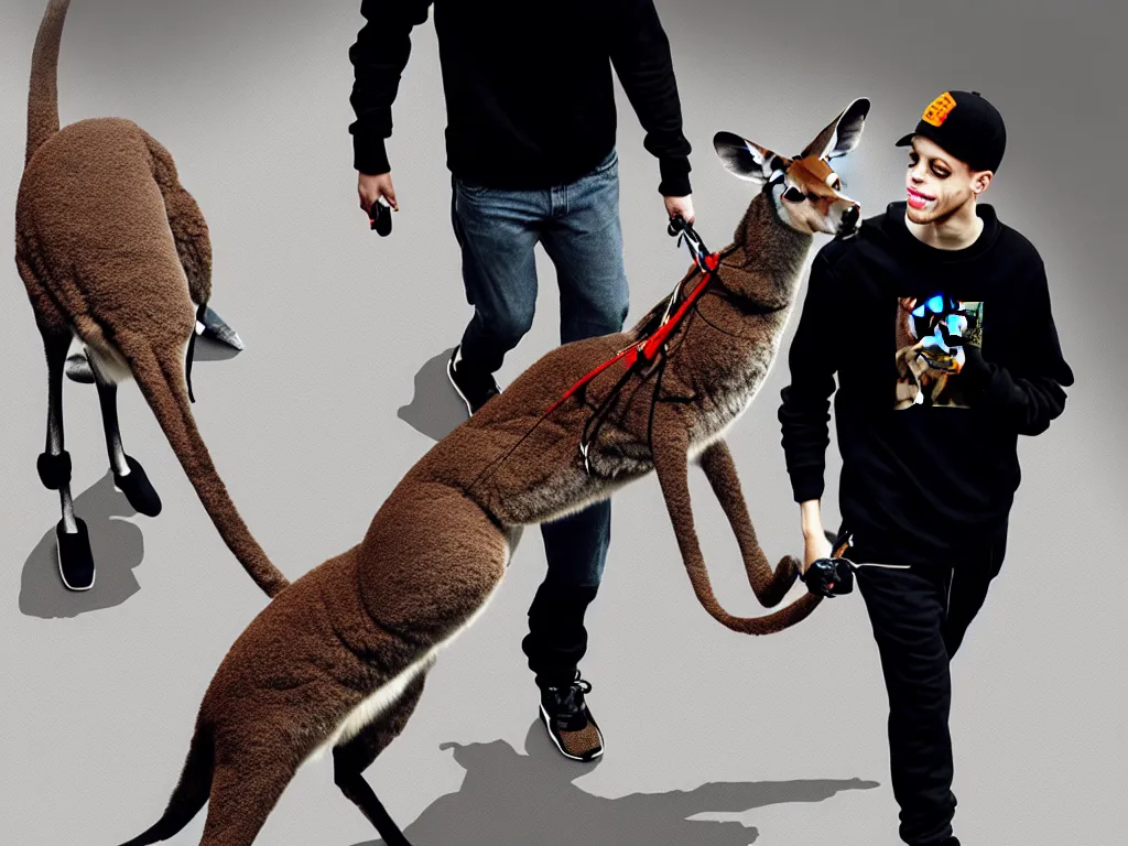 Image similar to pete davidson walking a kangaroo, 4k, trending on artstation, photorealistic, hyper detailed,