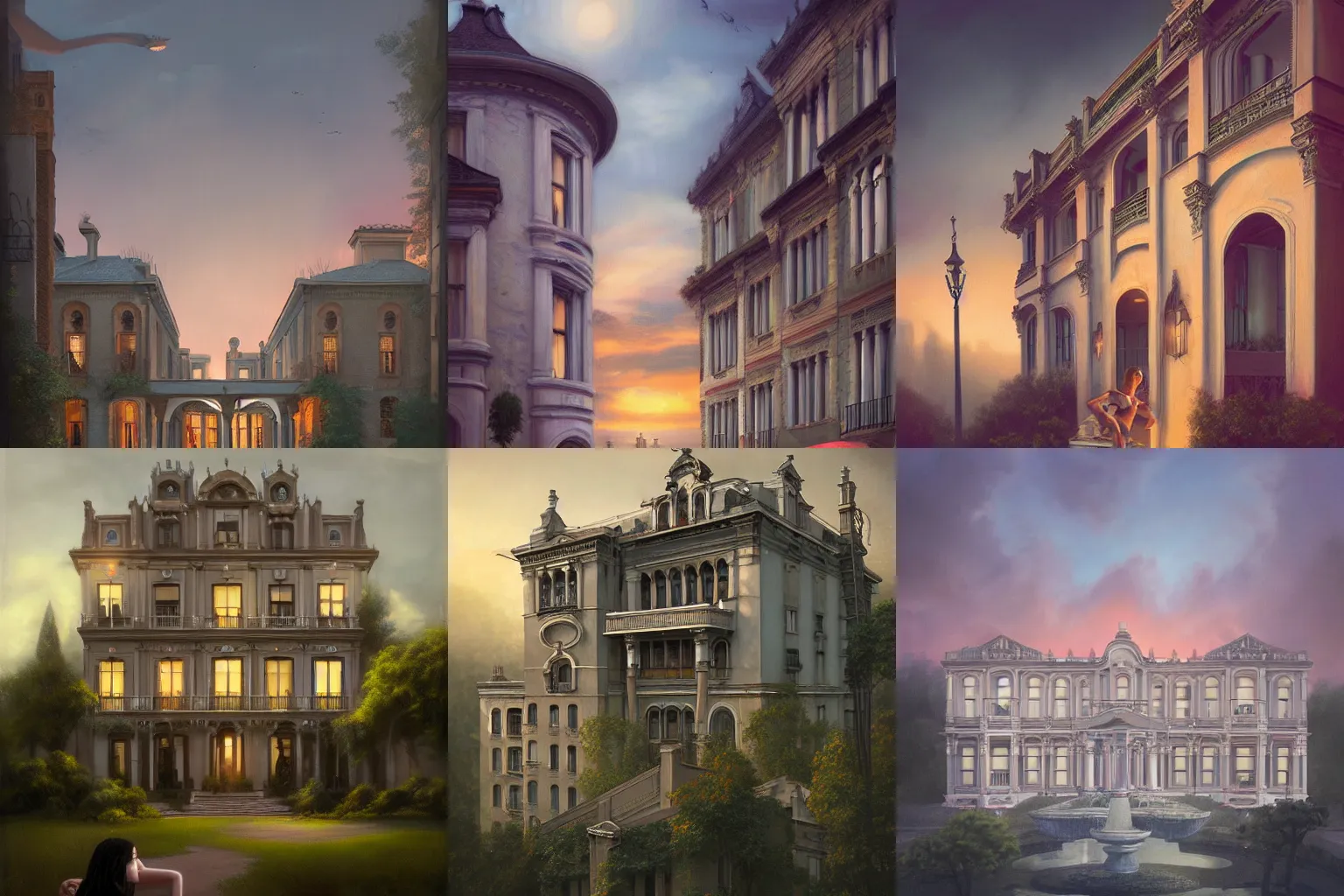 Prompt: digital matte painting, scenery, Spanish Harlem mansion building at dusk by Tom Bagshaw, trending on artstation