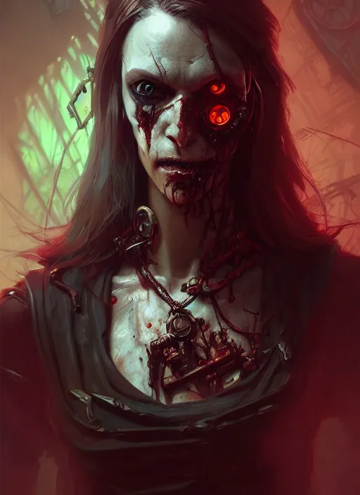 Image similar to cyberpunk zombie, deep focus, d & d, fantasy, intricate, elegant, highly detailed, digital painting, artstation, concept art, matte, sharp focus, illustration, hearthstone, art by artgerm and greg rutkowski and alphonse mucha