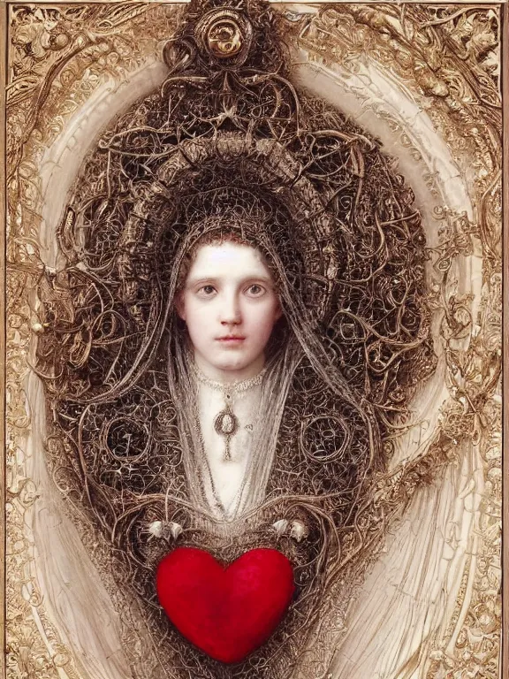 Image similar to a beautiful render of a baroque catholic veiled red queen with symmetry intricate detailed heart sculpture,by Lawrence Alma-Tadema, peter gric,aaron horkey,Billelis,trending on pinterest,hyperreal,jewelry,gold,intricate,maximalist,glittering,golden ratio,cinematic lighting