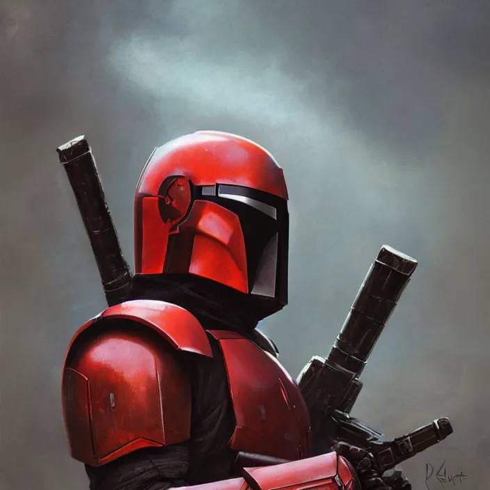 Image similar to a mandalorian helmet in the style of deadpool, futuristic, late afternoon light, by greg rutkowski and ruan jia