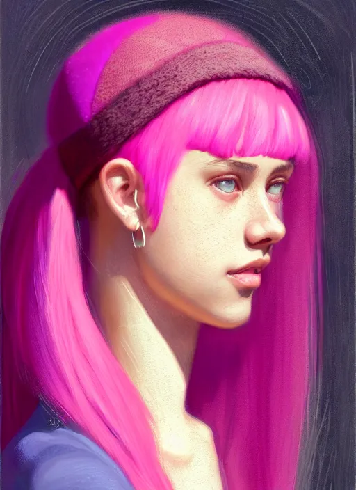 Image similar to portrait of teenage vanessa morgan with bright pink hair, vanessa morgan, curly pixie cut hair, wearing a purple breton cap, breton cap, hoop earrings, intricate, elegant, glowing lights, highly detailed, digital painting, artstation, concept art, smooth, sharp focus, illustration, art by wlop, mars ravelo and greg rutkowski