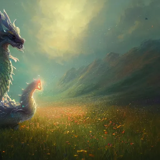 Prompt: beautiful digital fantasy illustration of a closeup adorable giant fluffy feathered sparkling pearlescent pastel dragon sitting alone in a flower meadow, concept art by greg rutkowski, anato finnstark, and rebecca guay, highly detailed, soft lighting,Anton faadev, rendered in octane