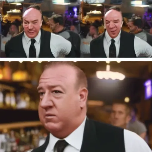 Prompt: cinematic: Paul Heyman running away from a bar of white soap