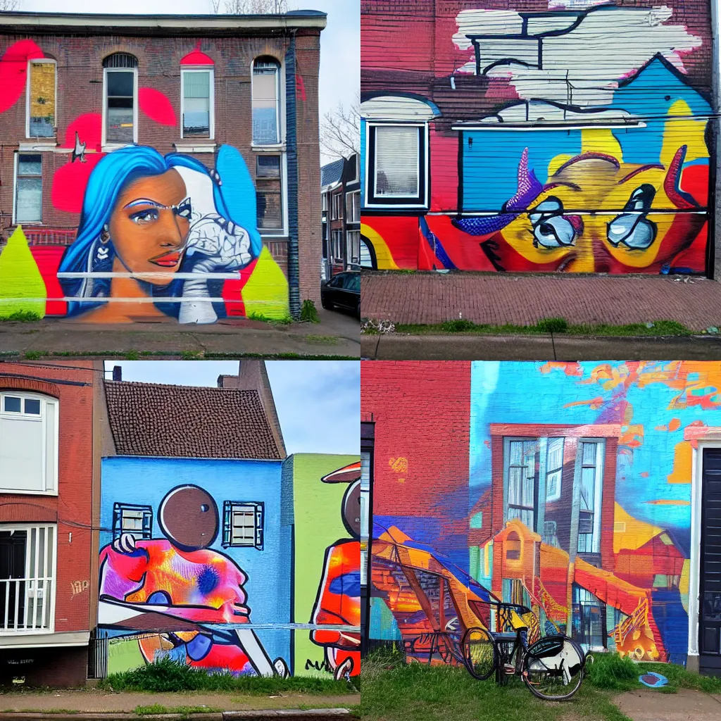 Prompt: street art of amsterdam painted onto a house in east saint louis