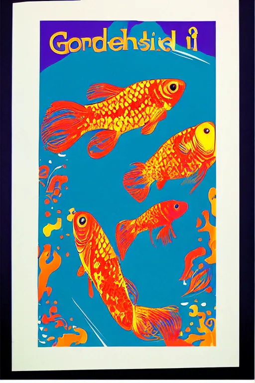 Prompt: goldfish, screen print poster, 1968 psychedelic, san francisco, hippie style