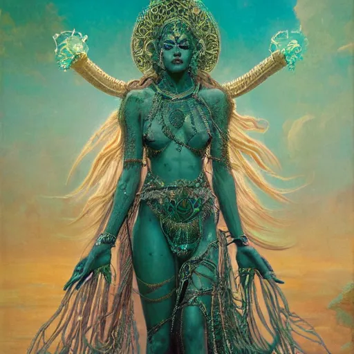 Image similar to intricate detail, hyper detail, lady of elche techno mystic goddess princess intergalactica, goddess kali maa, with aqua neon rapunzel dreadlocks, mami wata, detailed, by gaston bussiere, bayard wu, greg rutkowski, h. r. giger, greg rutkowski, sandro botticelli, masterpiece, sharp focus,