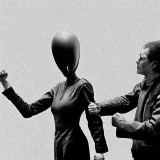 Prompt: Photo, A woman stand next to an alien, The woman raises her fist in the air, threatening the alien. The alien is in pain.