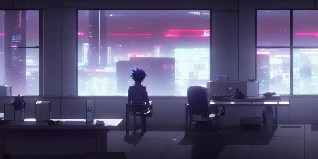 Prompt: an atmospheric empty quiet quiet after hours cyberpunk police office office in the cyberpunk neon noir anime film, Shichiro Kobayashi and makoto shinkai, screenshot in the anime series ergo proxy ergo proxy ergo proxy and Detroit metal city, interior