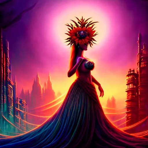 Prompt: Beautiful 3d render of the flower queen in a sensual pose, atmospheric lighting, painted, intricate, volumetric lighting, beautiful, rich deep colors masterpiece, golden hour, sharp focus, ultra detailed, in the style of Dan Mumford and Johfra Bosschart, with a crowded futuristic cyberpunk city in the background, astrophotography