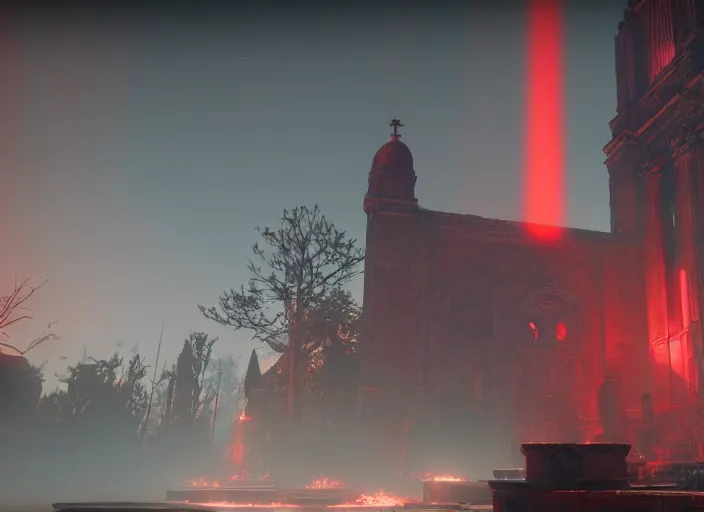 Image similar to ancient church with red shafts of light in destiny 2, foggy, liminal, dark, dystopian, beautiful architecture, abandoned, highly detailed 4 k 6 0 fps in - game destiny 2 gameplay screenshot leak
