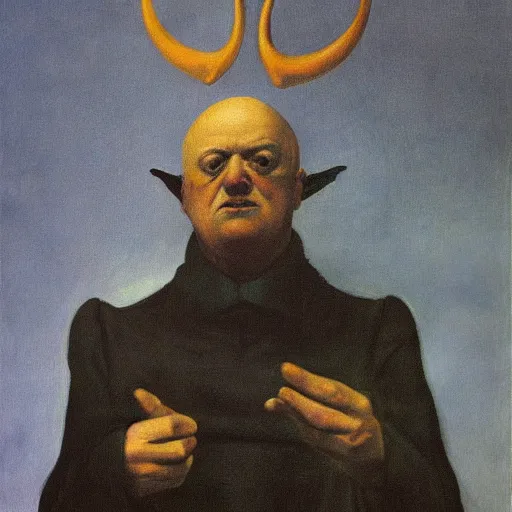 Image similar to Aleister Crowley with horns and hooves by Raphael, Hopper, and Rene Magritte. detailed, romantic, enchanting, trending on artstation