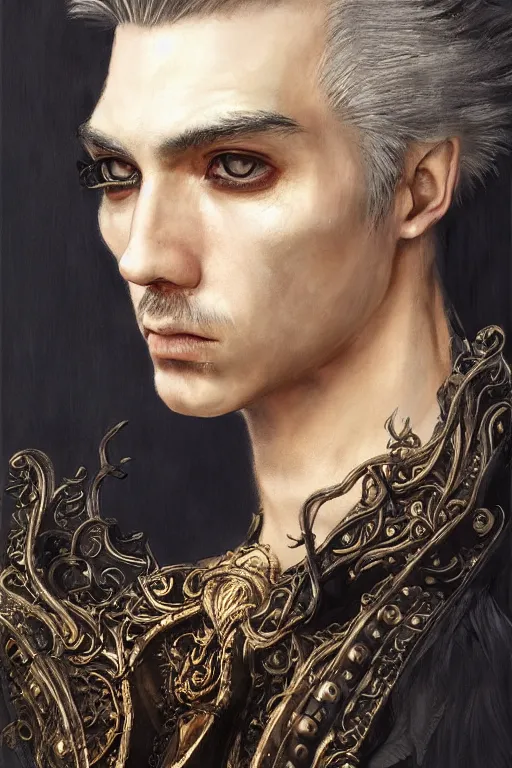 Image similar to portrait, headshot, insanely new baroque hair style, dramatic hair color, digital painting, of a old 18th century, old cyborg prince, amber jewels, baroque, ornate clothing, scifi, realistic, hyperdetailed, chiaroscuro, concept art, art by Franz Hals and Jon Foster and Ayami Kojima and Amano and Karol Bak,