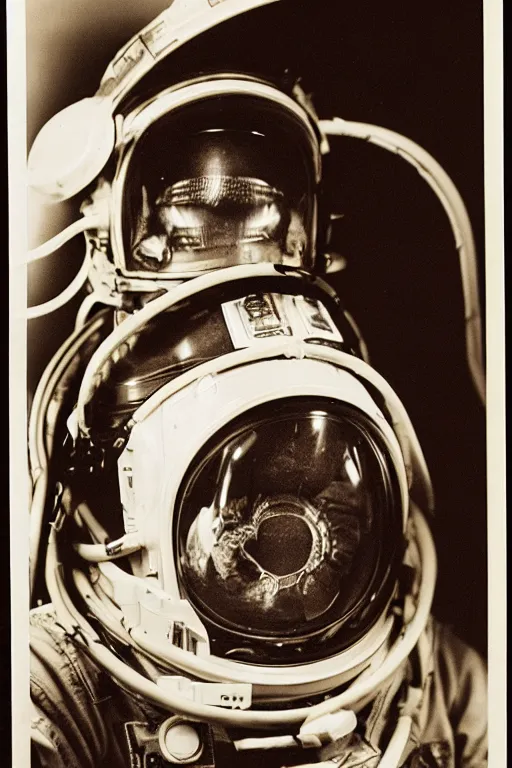 Image similar to extremely detailed studio portrait of space astronaut, alien tentacle protruding from eyes and mouth, slimy tentacle breaking through helmet visor, shattered visor, full body, soft light, disturbing, shocking realization, award winning photo by james van der zee