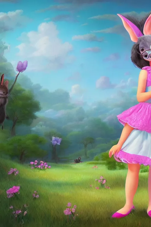 Image similar to matte sharp painting cute little girl and very furry rabbit landscape painted by mark rydel artstation behance storybook lisa frank