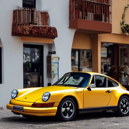 Image similar to Photo of a copper yellow Porsche 911 Carrera 3.2 parked in front of a cafe in Cyprus, daylight, dramatic lighting, award winning, highly detailed