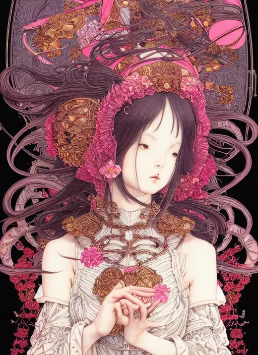 Image similar to highly detailed illustration yoneyama mai, artstation, katsuhiro otomo, fluorescent, fantastic, fate, manga poster of princess mechine, minaba hideo, takato yamamoto, long hair, art nouveau, armor, laces, ruffles, 8 k, maximalist,