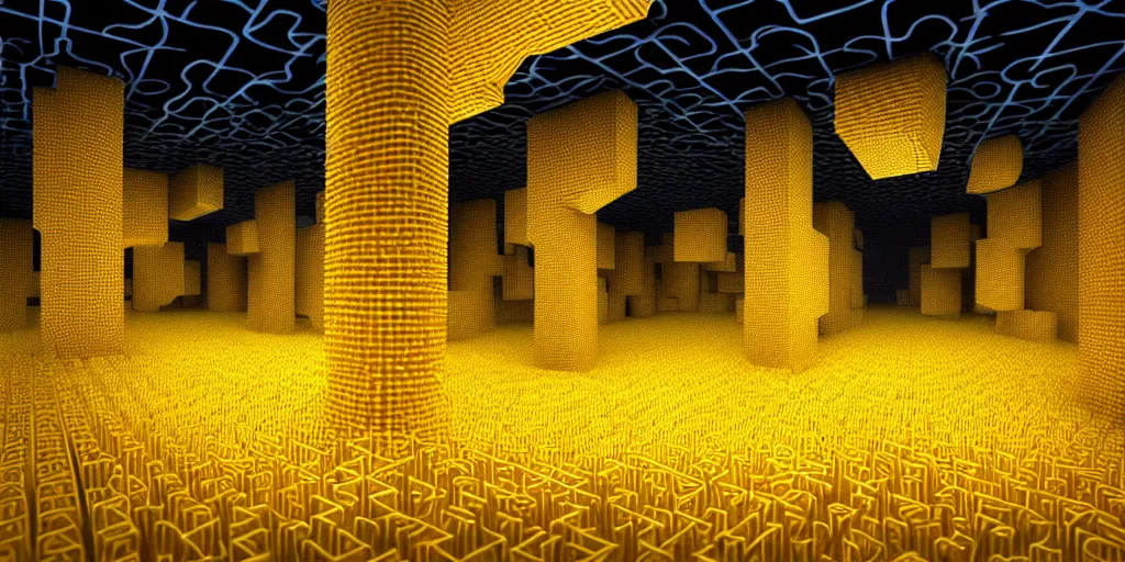 Prompt: deep twisting communal hive maze of yellow tubes and warm light, award winning art, epic dreamlike fantasy landscape, art print, science fiction, ultra realistic,