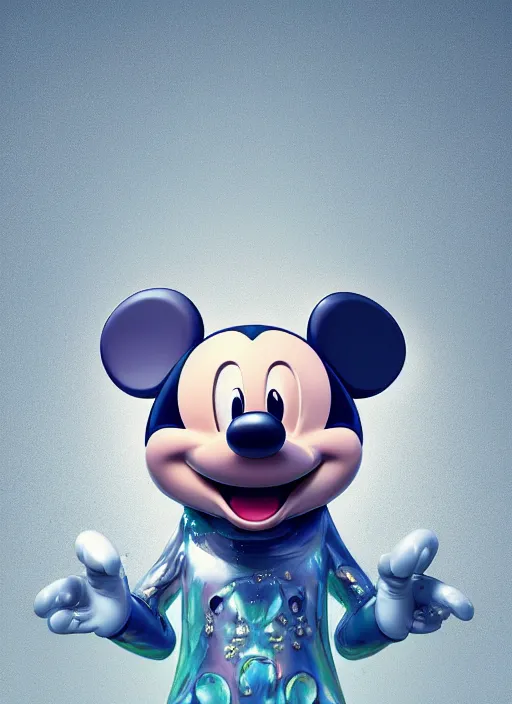 Image similar to mickey mouse head, fractal, broken, wet, mycelium, radiant alien, rococo, baroque, automotive, bio-mechanical, porcelain, iridescent sub surface scattering, octane render