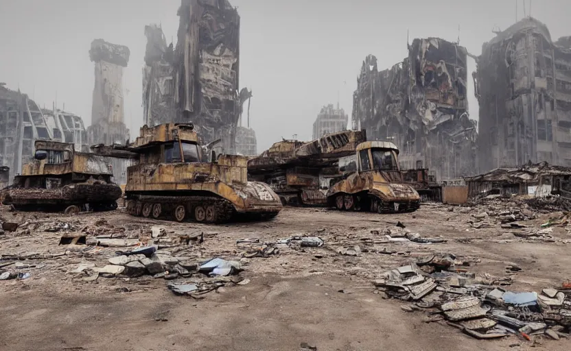 Prompt: an immense derelict earth mover with multiple cabs with tank turret and demolition ball in front of a demolished building, dystopian, imax, foggy and dusty cyberpunk aesthetic