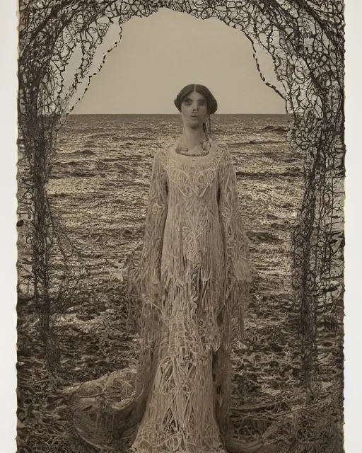 Image similar to a woman standing by the sea, made of intricate decorative lace leaf skeleton, in the style of the dutch masters and gregory crewdson, dark and moody