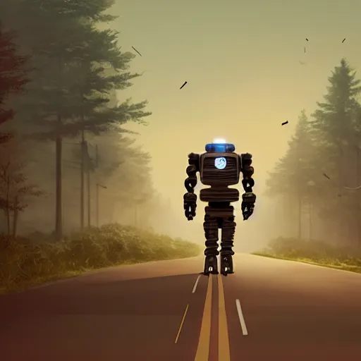 Prompt: Beautiful cinematic scene of a robot walking alongside an empty road surrounded by trees, evening, peaceful, science fiction, award-winning, cinematic lighting, insanely detailed, very realistic, Artstation, Cgsociety, by Simon Stalenhag