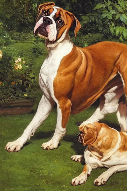 Image similar to painting of a boxer dog, golden hour, in a garden, artstation, by J. C. Leyendecker and Peter Paul Rubens,