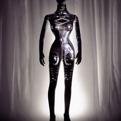 Image similar to a mannequin wearing a futuristic cyperpunk outfit, studio photography, dramatic lighting