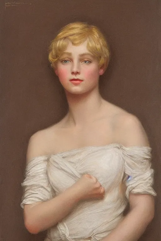 Prompt: portrait of a young beautiful woman with blond short-hair and grey eyes who works as an architect artwork by Edward Robert Hughes, Henry Justice Ford