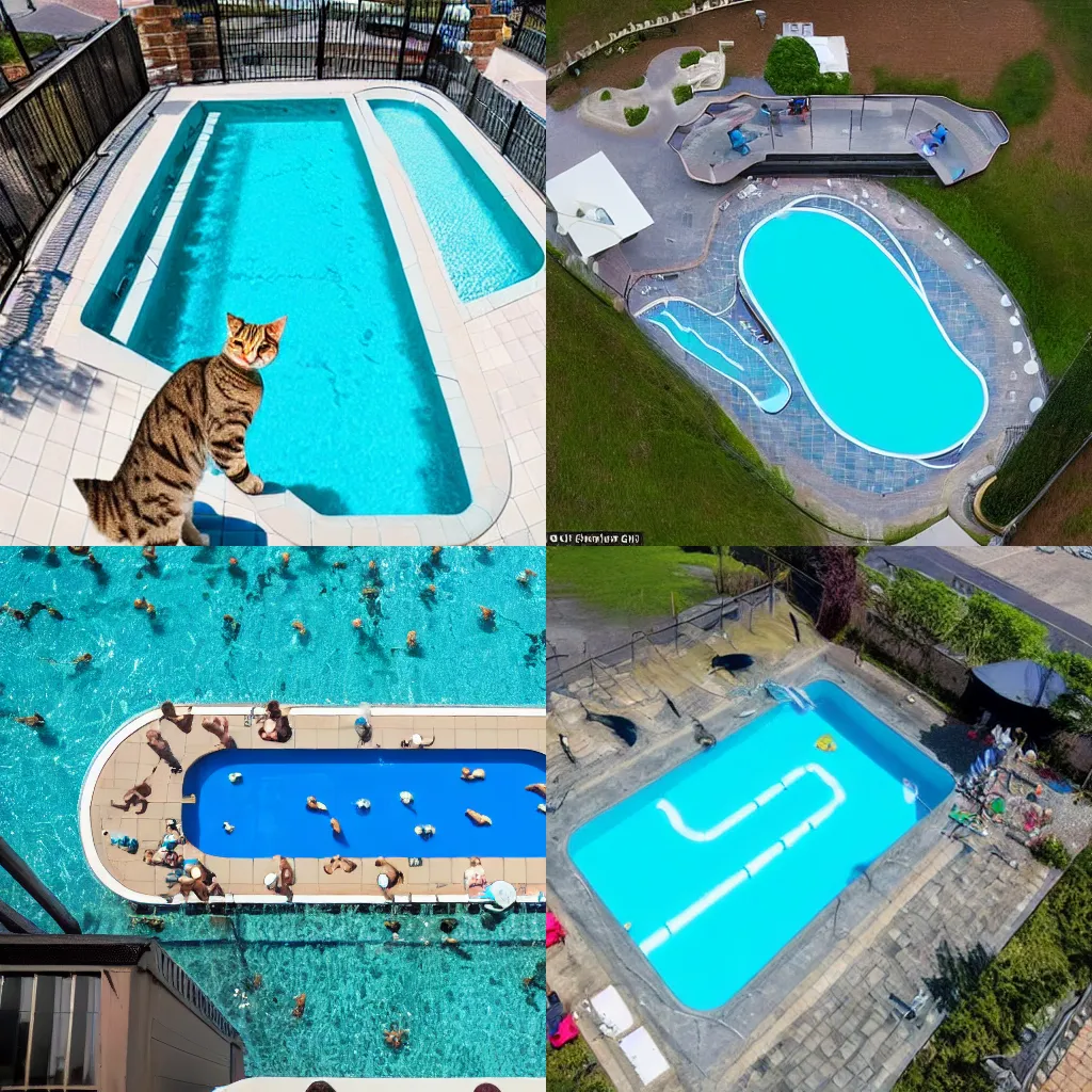 Prompt: drone footage of an outdoor swimming pool in the shape of a cat head, an outdoor swimming pool designed to look like a cat head
