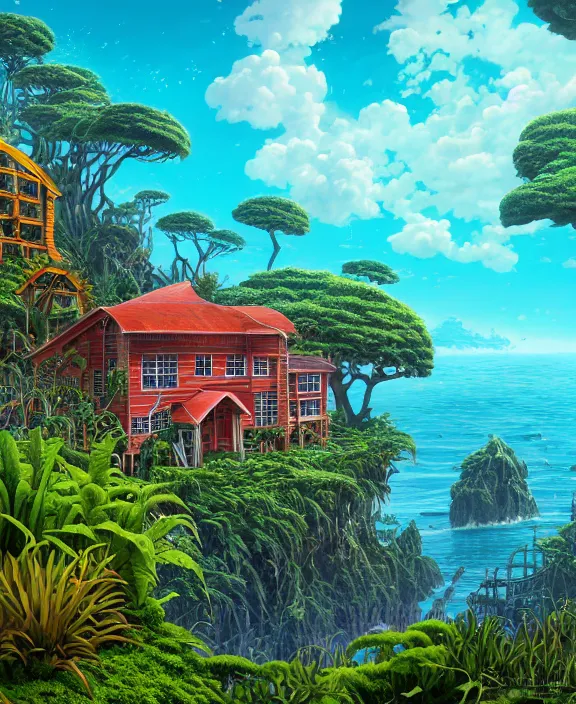 Prompt: an enormous schoolhouse made from exotic fungus, overgrown with weird huge colorful ferns, on the ocean, noon, sun drenched, partly cloudy, by dan mumford, yusuke murata, makoto shinkai, ross tran, cinematic, unreal engine, cel shaded, featured on artstation, pixiv
