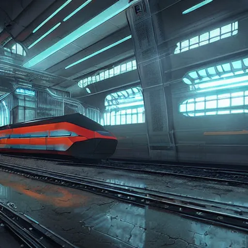 Image similar to Immense industrial futuristic train arrives at cyber punk city station, cinematic lighting, concept art