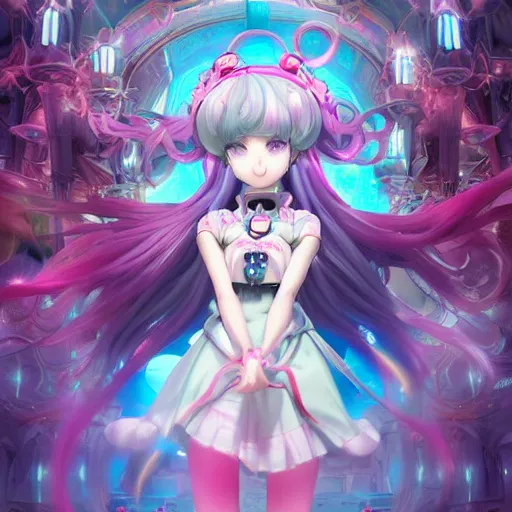 Image similar to stunningly beautilful omnipotent megalomaniacal anime asi goddess who looks like junko enoshima with symmetrical perfect face and porcelain skin, pink twintail hair and cyan eyes, taking control while smiling inside her surreal vr castle, hyperdetailed, digital art, unreal engine 5, 2 d anime style, 8 k