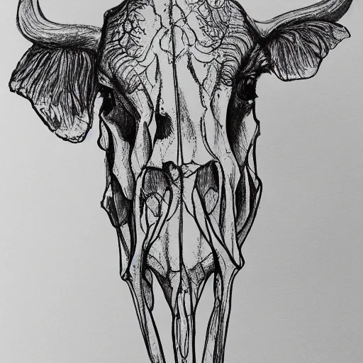 Image similar to a black pen sketch of a cow skull, beginner, intermediate art, anatomy, paper art