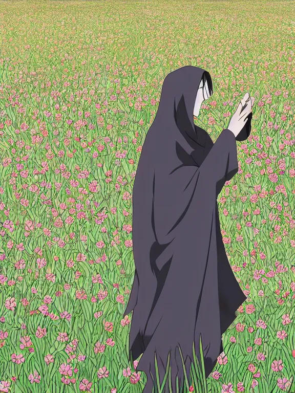 Prompt: grim reaper with no facr in flower field, anime style, high detail, high resolution,