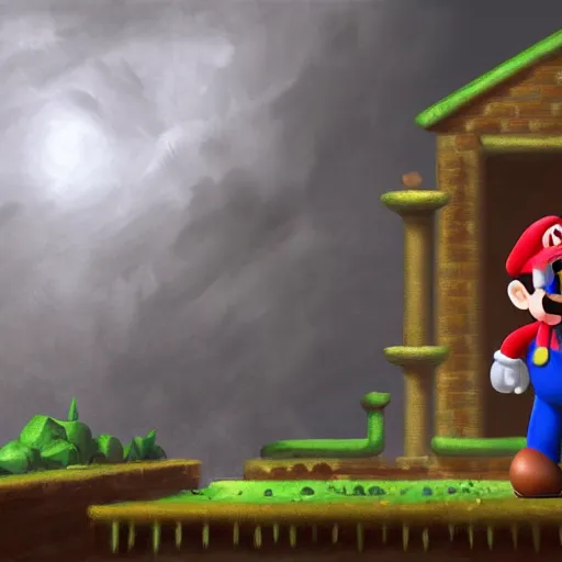 Prompt: concept art of mario from super mario bros in a ruined kingdom, resident evil, horror, occult, terror, mist, volumetric render, zoomed out wide angle digital painting, detailed painting