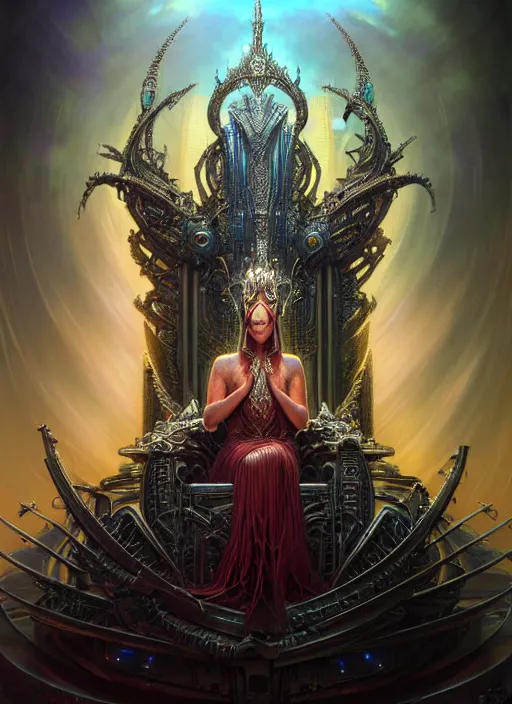 Prompt: closeup portrait shot of beautiful queen on cybertronic throne praying in a scenic dystopian environment, intricate, elegant, highly detailed, centered, digital painting, artstation, concept art, smooth, sharp focus, illustration, artgerm, tomasz alen kopera, peter mohrbacher, donato giancola, joseph christian leyendecker, wlop, boris vallejo