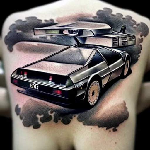 Image similar to a tattoo of delorean from back to the future,