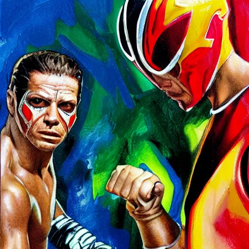 Prompt: photorealistic picture, by bob peak and alex ross, rey mysterio wwf debut, gouache and wash paints, fine details, fine intricate, fine facial proportionate, fine body proportionate, fine fix broken line, fine fix duplicate line, fine background proportionate, smooth focus, sharp details, bokeh, 4 k, fine 5 k details