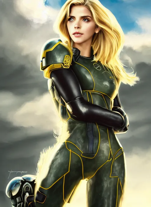 Prompt: portrait of a combination of Ashley Greene, Katheryn Winnick, Victoria Justice and Adriana Dxim, Grace Kelly, Emma Watson and Lily Collins with blonde hair wearing Samus' Armor from Metroid Prime, countryside, calm, fantasy character portrait, dynamic pose, above view, sunny day, thunder clouds in the sky, artwork by Jeremy Lipkin and Giuseppe Dangelico Pino and Michael Garmash and Rob Rey and Greg Manchess and Huang Guangjian, very coherent asymmetrical artwork, sharp edges, perfect face, simple form, 100mm