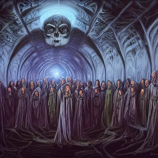 Prompt: a dark cabal of hooded elven mystics in long robes gathered in a circular formation around a highly advanced quantum computer processing the spirits of the dead, dan seagrave art, michael whelan