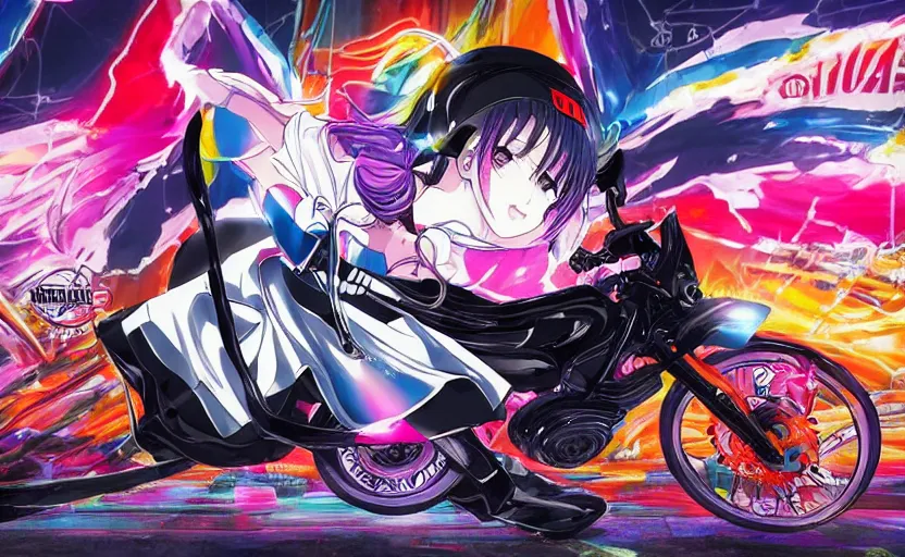 Prompt: billboard advertisement with an extremely beautiful photo of a black marble statue of an anime girl with colorful motocross logos and motorcycle helmet with closed visor, colorful smoke in the background, carved marble statue, fine art, neon genesis evangelion, virgil abloh, offwhite, denoise, highly detailed, 8 k, hyperreal