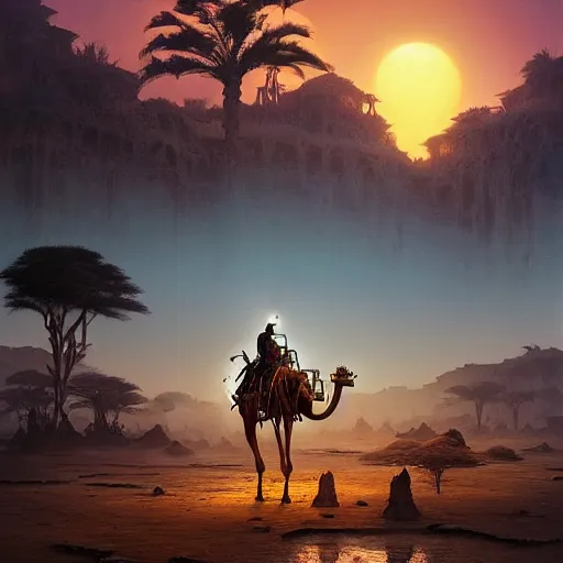 Image similar to an african moor wearing white robes riding a steampunk camel into a lush desert oasis with a reflective pond, by greg rutkowski and android jones in a cyberpunk style, oil on canvas, 8k, synthwave sunset