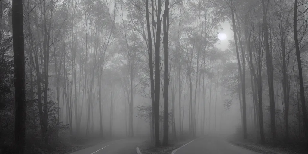 Image similar to road between tall trees in right corner, dark night, fog, cold light, moon