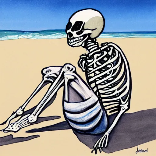 Image similar to painting of a skeleton wearing summer clothes, sitting on the curb at a beach, drinking beer and enjoying life