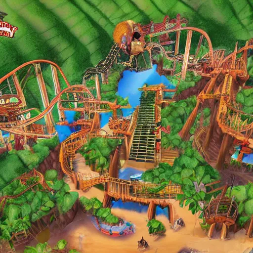 Image similar to digital concept art of donkey kong country theme park