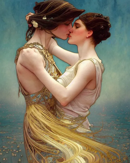 Prompt: the kiss | highly detailed | very intricate | art nouveau | gold filigree | romantic storybook fantasy | soft cinematic lighting | award - winning | watercolor painting by mandy jurgens and alphonse mucha and alena aenami | pastel color palette | featured on artstation