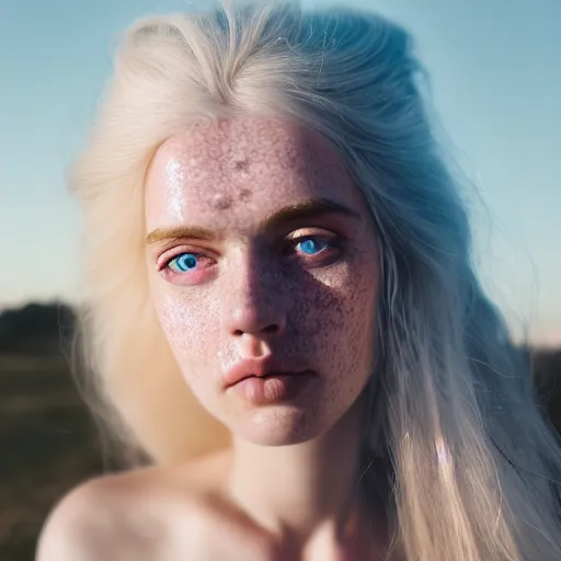 Image similar to beautiful hyperreal portrait of a cute woman, long white hair, freckles, blue eyes, very detailed face, soft smile golden hour, soft focus, 8 k, portra 4 0 0