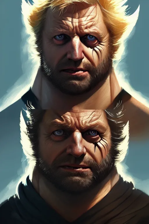 Image similar to Boris Johnson as Wolverine, portrait, X man costume, highly detailed, digital painting, artstation, concept art, smooth, sharp focus, illustration, cinematic lighting, art by artgerm and greg rutkowski and alphonse mucha