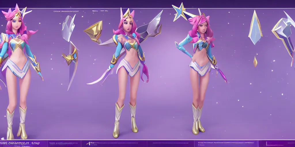 Image similar to character sheet of Star Guardian Caitlyn (League of legends). 3d render, trending on artstation, unreal engine 5, 8k resolution